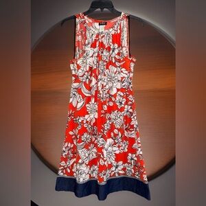 MSK Sleeveless Red & White Floral A-Line Midi Dress w/Denim Trim-12-EUC